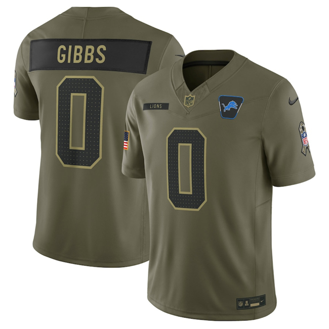 Men's Detroit Lions #0 Jahmyr Gibbs Olive 2025 F.U.S.E. Salute to Service Limited Stitched Football Jersey